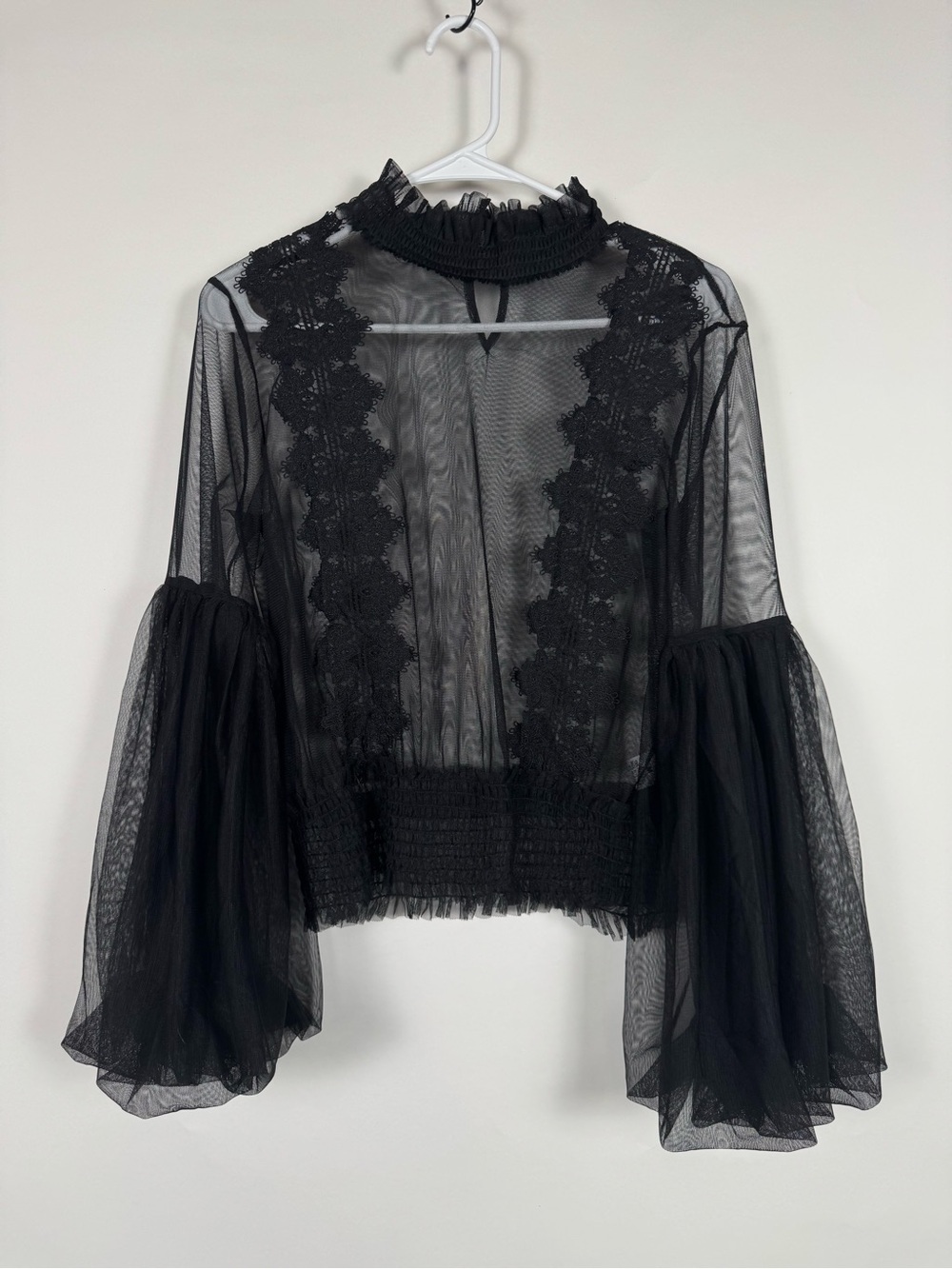 Ups & Downs Black Sheer Lace-Trim Bell Sleeve Top MED Goth Romantic Whimsigoth